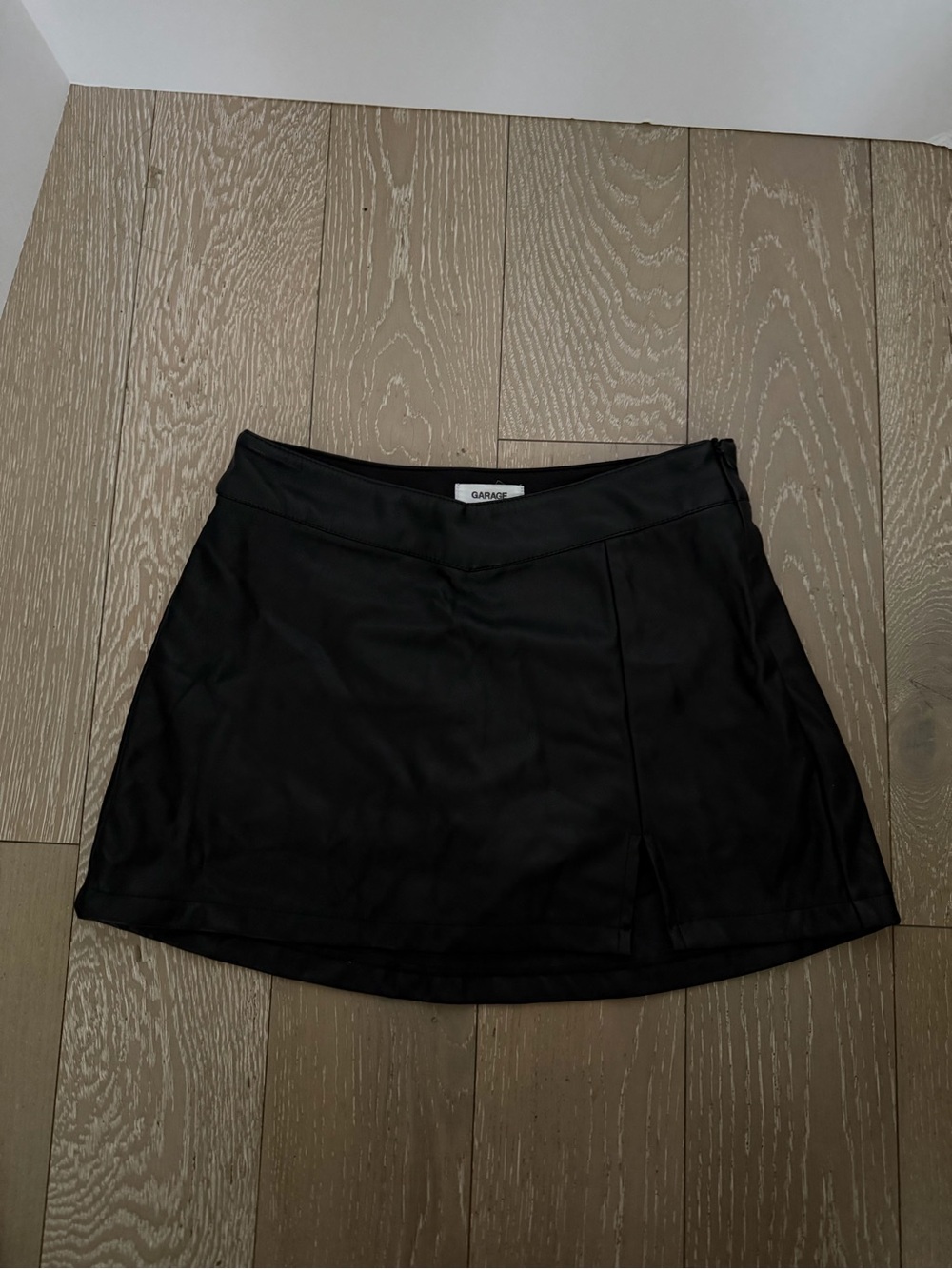 Garage Faux Leather Black Mini Skirt with V Waistband
